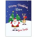 Personalised Merry Christmas Santa and Reindeer Greeting Card with Trees