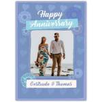 Personalised Blue Happy Anniversary Photo Upload Card with Hearts and Flowers