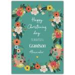 Personalised Christening Day Card for Grandson with Colourful Floral Border Design