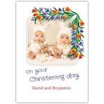 Personalised Christening Day Photo Upload Greeting Card with Floral Frame