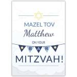 Personalised Blue Banner Bar Mitzvah Greeting Card with Stars of David Design