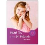 Personalised Pink Bat Mitzvah Photo Upload Greeting Card with Star of David and Mazel Tov Design