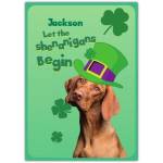 Personalised St Patricks Day Card with Dog in Leprechaun Hat Shamrocks Design