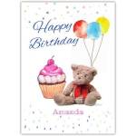 Personalised Happy Birthday Card with Pink Cupcake Teddy Bear and Balloons