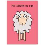 Thinking of You Pun Card with Cute Sheep on Pink Background