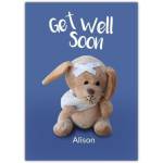 Personalised Get Well Soon Card Featuring Bandaged Teddy Bear on Blue Background