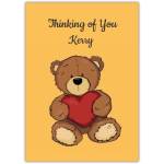 Personalised Thinking of You Teddy Bear Holding Heart Greeting Card