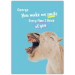 Personalised Funny Thinking of You Card with Smiling Donkey on Turquoise Background