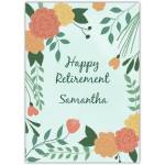 Personalised Happy Retirement Card with Floral Border Design in Blue and Orange