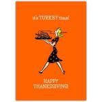 It's Turkey Time Happy Thanksgiving Card with Retro Woman Serving Roast Turkey