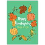 Personalised Happy Thanksgiving Card with Pumpkins and Autumn Leaves on Green Background