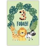 Three Today Jungle Animals Birthday Card for Kids with Lion Zebra and Giraffe Design