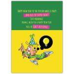 Funny Happy New Year Card with Goofy Boy and Lightbulb Illustration for Him