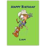 Personalised Funny Cowboy and Horse Birthday Card for Kids on Green Background