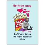 Punny Popcorn and Pigeon Valentines Day Greeting Card with Personalised Text