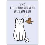 Personalised Funny Birthday Card with Cat and Snitch Bird Design
