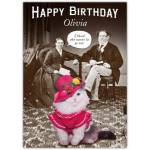 Personalised Vintage Style Funny Cat Happy Birthday Greeting Card with Custom Name