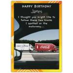 Personalised Humorous Birthday Card Featuring Trucks with Drink Theme