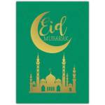 Eid Mubarak Gold Crescent Moon and Mosque Festival Greeting Card