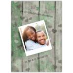 Personalised Irish Wedding Anniversary Card with Photo and Love Hearts on Green Wood Background