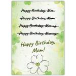 Happy Birthday Irish Mam Greeting Card with Shamrock Design and Humorous Text