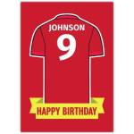 Personalised Red Football Jersey Happy Birthday Card with Name and Number