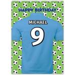 Personalised Light Blue Football Shirt Happy Birthday Card with Soccer Ball Background