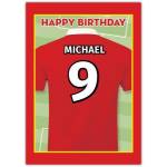 Personalised Football Birthday Card Red Jersey with Name and Number on Pitch Background