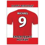 Personalised Red Football Birthday Card No 1 Fan Jersey Number and Name Option