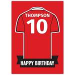 Personalised Red Football Jersey Birthday Card with Name and Number Options