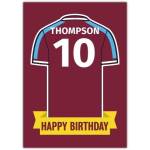 Personalised Football Shirt Birthday Card with Name and Number in Claret and Blue