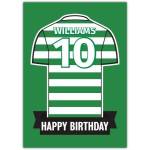 Personalised Green and White Football Jersey Happy Birthday Card with Name and Number