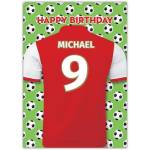 Personalised Football Birthday Card with Red Jersey and Soccer Ball Background