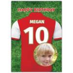 Personalised Happy Birthday Football Shirt Red and White Photo Card on Grass Background