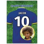 Personalised Blue Football Shirt Birthday Card with Photo and Custom Name Number on Grass Background