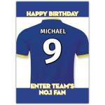 Personalised Football No 1 Fan Birthday Card Blue Jersey Design