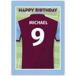 Personalised Football Jersey Birthday Card with Custom Name and Number in Purple and Blue