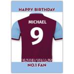 Personalised Football No 1 Fan Birthday Card with Name and Number in Purple and Blue