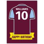 Personalised Football Shirt Birthday Card in Claret and Blue Colors