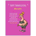 Personalised Funny Thanksgiving Card with Fitness Cartoon and Custom Name on Pink Background