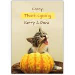 Personalised Thanksgiving Card with Cute Kitten and Pumpkin Design