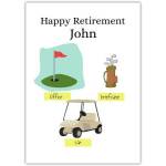 Personalised Happy Retirement Card Golf Theme with Office Briefcase and Golf Cart Design