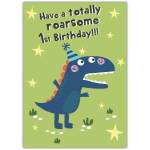 1st Birthday Dinosaur Card with Roarsome Message and Party Hat for Toddlers