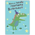 Roarsome Dinosaur 2nd Birthday Card for Toddler with Party Hat and Stars