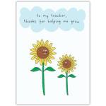Thank You Teacher Card with Smiling Sunflowers and Handwritten Message on Cloud