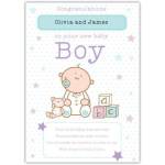 Personalised New Baby Boy Congratulations Card with Cute Baby and Blocks Design
