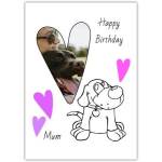 Personalised Happy Birthday Mum Card with Dog Cartoon and Photo Heart Design