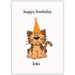 Personalised Happy Birthday Card with Cat Wearing Party Hat Design