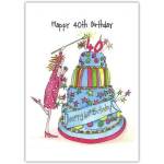 Happy 40th Birthday Colourful Tiered Cake and Woman Lighting Candles Card
