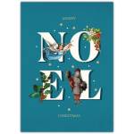 Vintage Style Merry Noel Christmas Card with Angel and Child Illustration on Teal Background